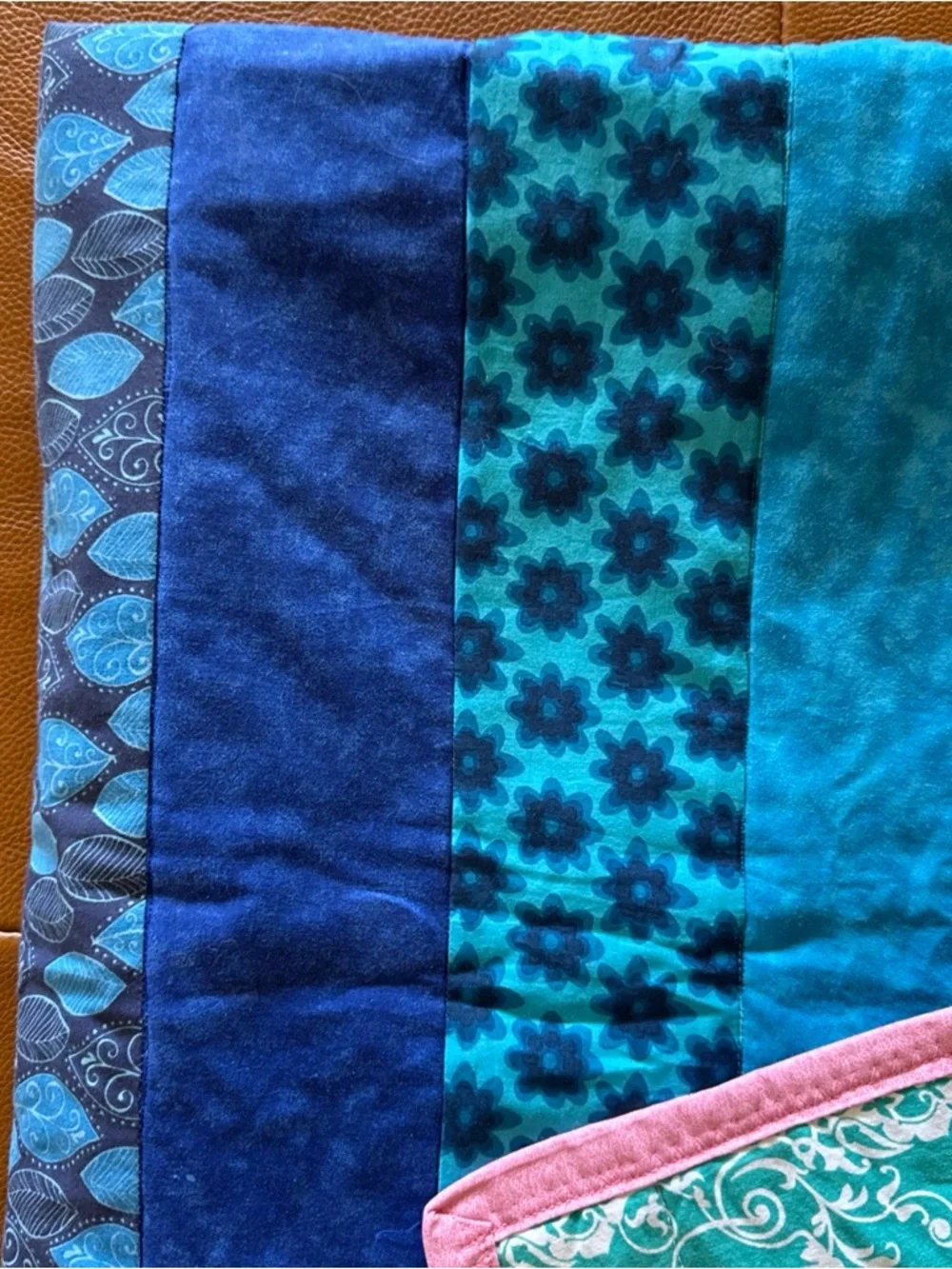 Handmade Patchwork Quilt Throw Multicolor Blue Pink Reversible Cotton Blanket